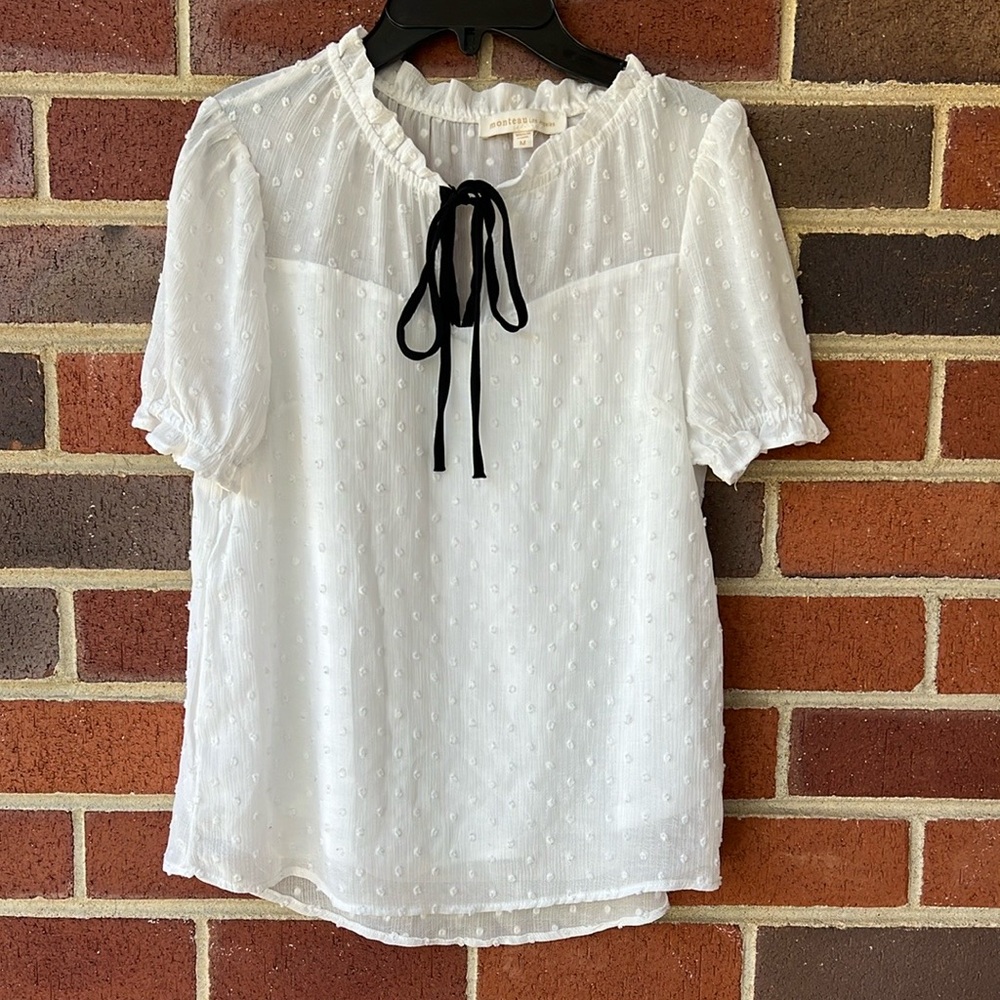 Monteau Elegant White Blouse with Black Tie